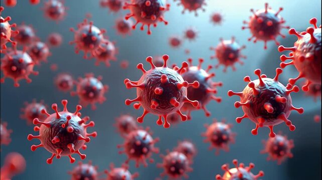 Microscopic view of red viruses, showcasing their intricate structure and potential threat