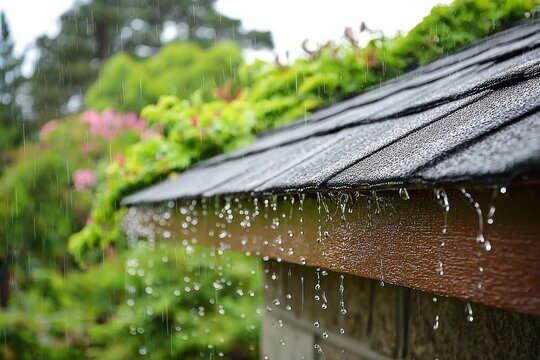 Raindrops Glistening on a Roof During a Soft Stormy Day, Enhancing Natural Backyard Hydration