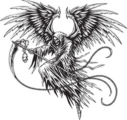 Grim Reaper Angel with Wings and Scythe Illustration for Halloween and Dark Fantasy Designs