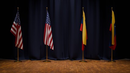 Banderas de pie en escenario con telon azul