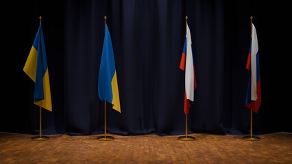 Banderas de pie en escenario con telon azul