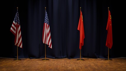 Banderas de pie en escenario con telon azul