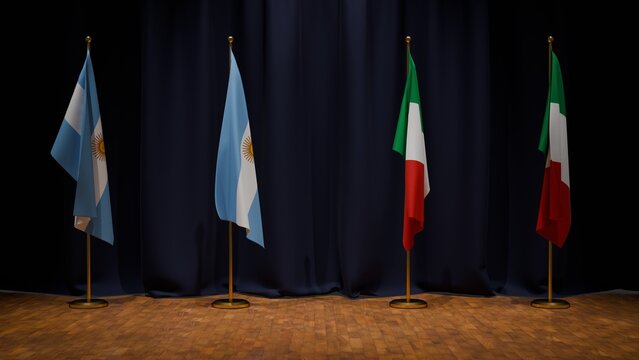 Banderas de pie en escenario con telon azul