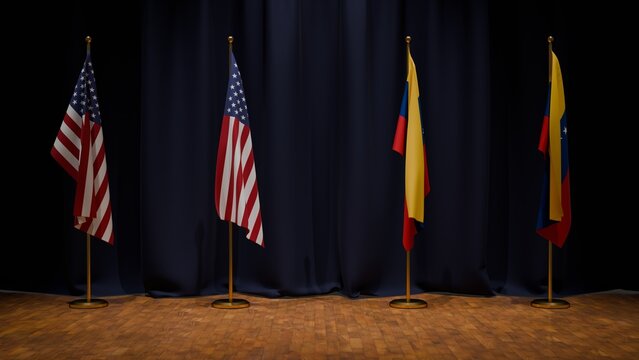 Banderas de pie en escenario con telon azul