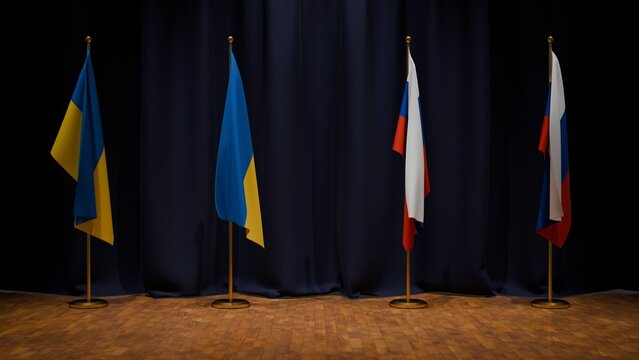 Banderas de pie en escenario con telon azul