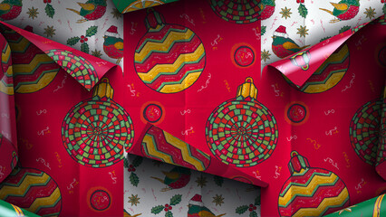 A background of layered and peeling Christmas themed illustrated festive wrapping paper.