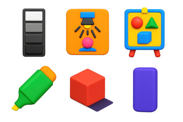 Tonal Reference Icons. 3D icon set of tonal reference aids: grayscale strip, lighting diagram, shape study board, highlight marker