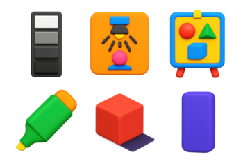 Tonal Reference Icons. 3D icon set of tonal reference aids: grayscale strip, lighting diagram, shape study board, highlight marker