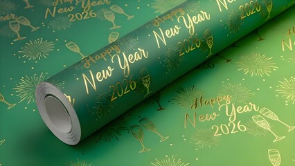 Closeup of a festive green wrapping paper roll adorned with shimmering gold happy new year 2026 text, champagne glasses, and fireworks