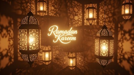 Ramadan kareem greeting with traditional illuminated arabic lanterns casting beautiful patterns, symbolizing the holy month of fasting and spiritual reflection