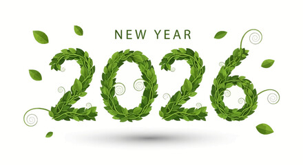 Eco-friendly New Year 2026 design with vibrant green leaves and natural elements
