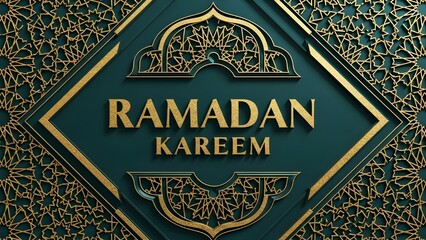 Ramadan kareem greeting with luxurious golden islamic geometric patterns and ornate typography on a rich teal background, perfect for religious celebrations