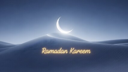A beautiful crescent moon glows over desert dunes at night, with ramadan kareem text, symbolizing the holy islamic month of spiritual devotion