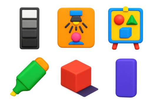 Tonal Reference Icons. 3D icon set of tonal reference aids: grayscale strip, lighting diagram, shape study board, highlight marker