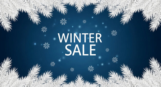 Blue background with white frosted fir branches and snowflake. It represents seasonal sales and winter ambiance, suited for promotions or festive events - Powered by Adobe