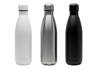 Three reusable water bottles isolated on transparent background