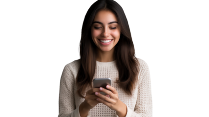 Young woman smiling while using smartphone in a cozy indoor environment at home during the day.