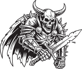 Grim Warrior Skeleton with Horned Skull and Sword Ready for Battle Black and White Illustration