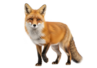 A detailed portrait of a red fox standing alert isolated on transparent background