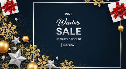 Festive image of gift, snowflake, bauble on dark background, representing winter sale with promotion, decoration, holiday season offer, text.