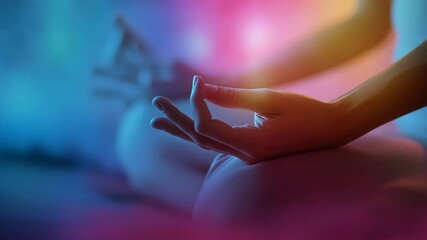 A person sits in a calm meditation pose with relaxed hands and soft colorful light creating a peaceful and focused atmosphere.