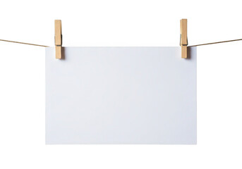 Blank white paper hanging on a clothesline with wooden clothespins isolated on transparent background