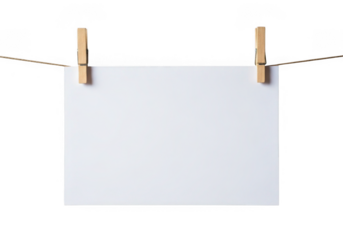 Blank white paper hanging on a clothesline with wooden clothespins isolated on transparent background