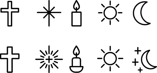 Christmas symbols icons set. Nativity, candle, star, tree, bell, angel, religious holiday outline illustrations