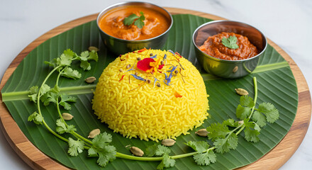 Serving pongal sweet on banana leave as traditional style of south Indian,Onam food traditional style