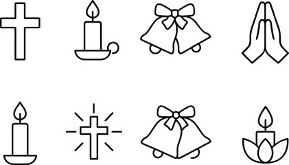 Christmas symbols icons set. Nativity, candle, star, tree, bell, angel, religious holiday outline illustrations