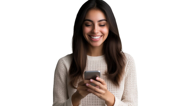 Young woman smiling while using smartphone in a cozy indoor environment at home during the day.