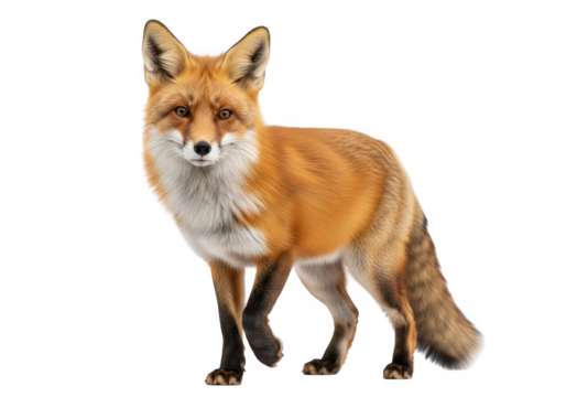 A detailed portrait of a red fox standing alert isolated on transparent background