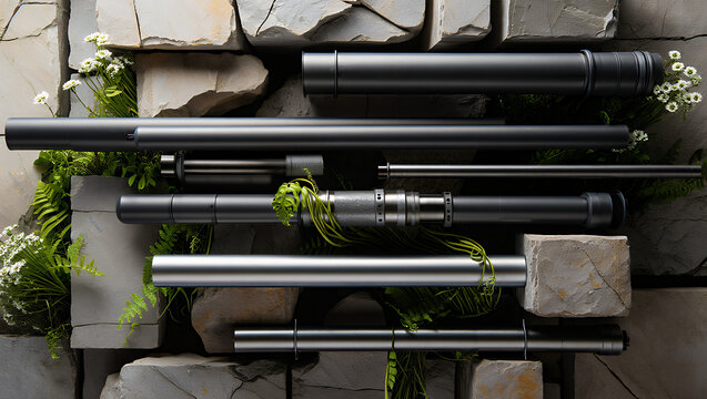 An artistic arrangement of various industrial metal shafts and tubes on a stone wall with green foliage.