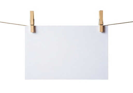 Blank white paper hanging on a clothesline with wooden clothespins isolated on transparent background
