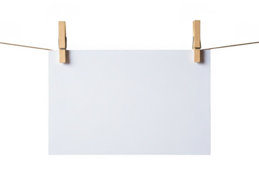 Blank white paper hanging on a clothesline with wooden clothespins isolated on transparent background