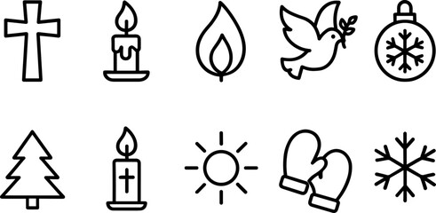 Christmas symbols icons set. Nativity, candle, star, tree, bell, angel, religious holiday outline illustrations