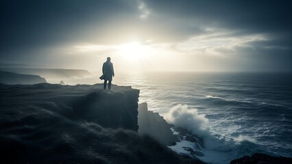 Solitary Figure Contemplates the Oceans Edge Under a Dramatic Sky.