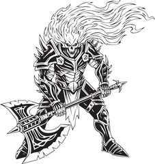 Illustration of a fearsome warrior with skull face and fiery hair holding a double bladed axe with intricate armor design