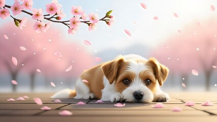 “cute puppy lying on white surface with soft pink blossoms, dreamy lighting, warm tone, expressive eyes, high-selling commercial style stock photograph”