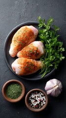 Raw chicken marinated with spices garlic herbs ready to grill