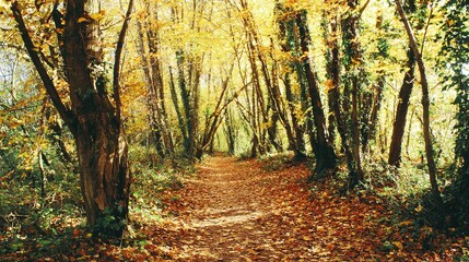 Obraz premium narrow. Narrow forest path with autumn leaves and dappled sunlight. representing seasonal cycles and harvest abundance, travel magazines, designed for travel destination branding.