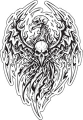 Intricate Black and White Bird Skull Design with Feathered Wings and Detailed Pattern Elements for Vector Art