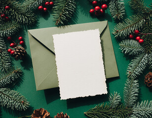 Blank white card on green envelope with fir branches and red berries for christmas