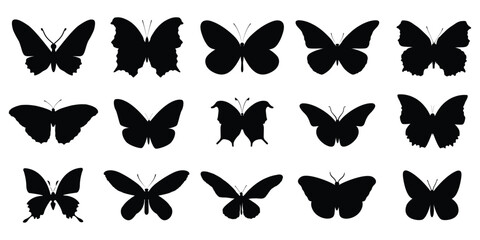 Fototapeta premium Collection of black butterfly silhouettes in various poses and orientations on white background butterflies.