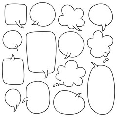 Hand-drawn doodle set of speech bubbles on a white background.