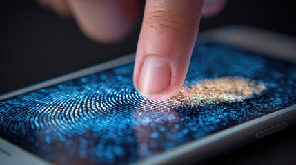 A close-up of a finger pressing on a smartphone screen displaying a colorful fingerprint pattern. The scene highlights technology and security features.