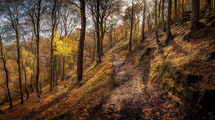 Obraz premium narrow. Narrow forest path with autumn leaves and dappled sunlight. representing seasonal cycles and harvest abundance, travel magazines, designed for travel destination branding.