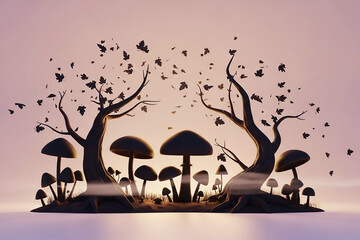 Whimsical Forest Mushrooms Trees Pastel