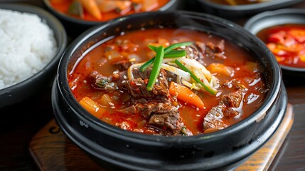 A close up of a bowl of korean beef stew with rice and side dishes on a wooden surface table top