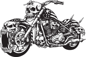 Intricate Motorcycle Illustration with Skull and American Flag Design in Black and White Style